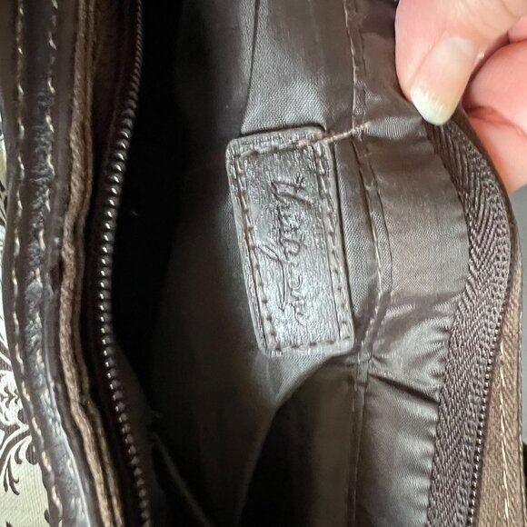 Elegant Brown & Cream Damask Print Handbag With Faux Leather Trim Thirty-One - Picture 5 of 5